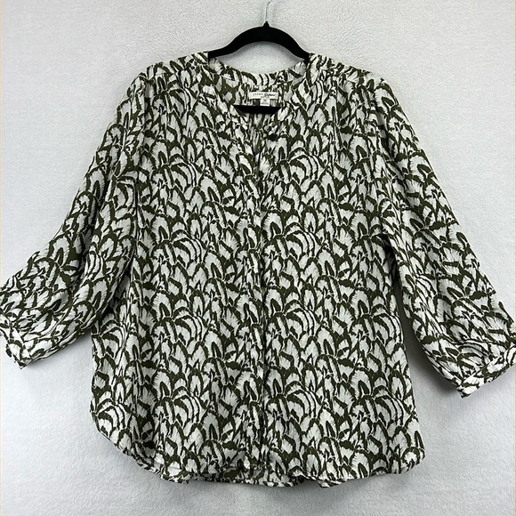 Jach’s Girlfriend Blouse Sz M Olive & Cream Polyester Button Front 3/4 Like New - Picture 1 of 12